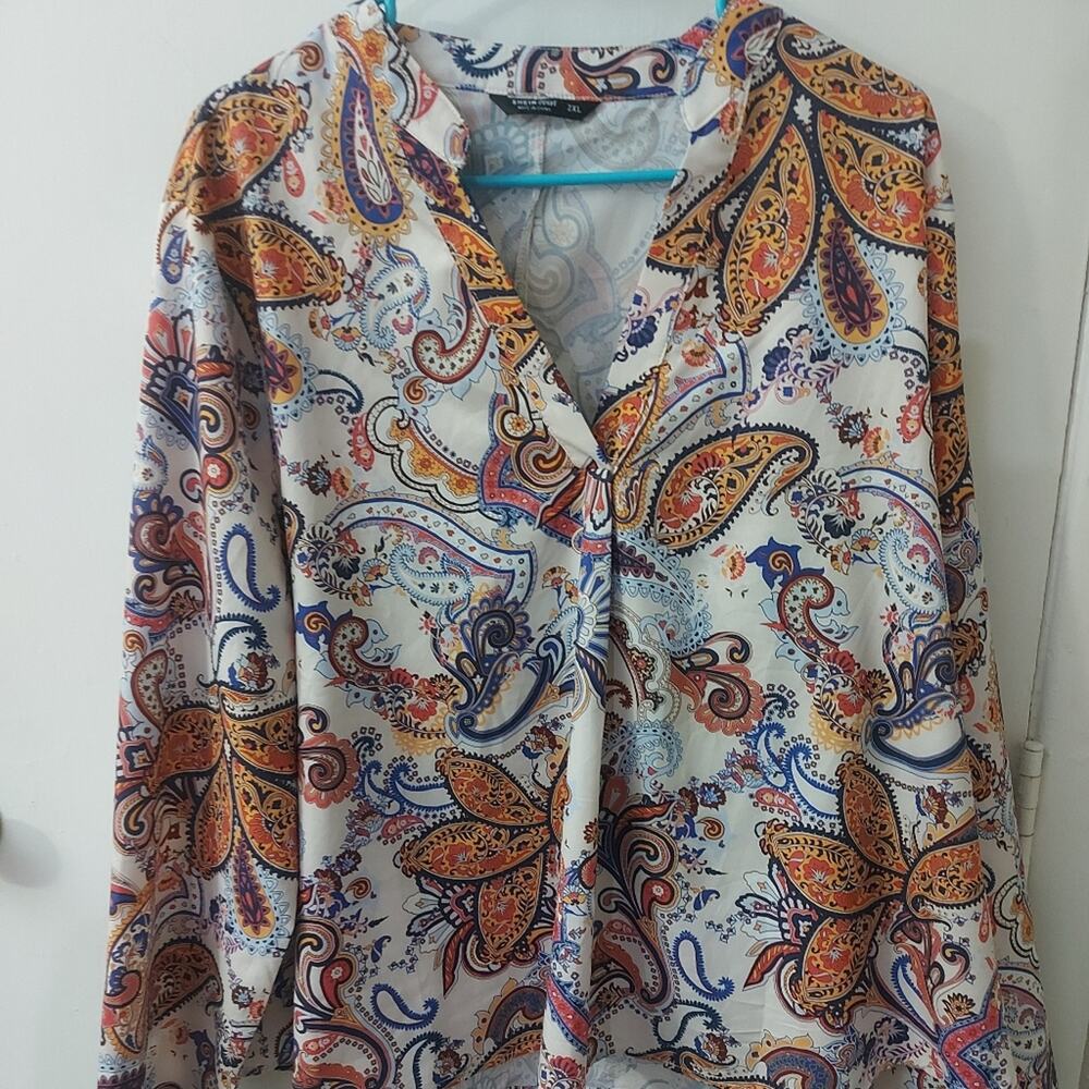 SHEIN Curve Floral V-Neck Paisley Print Blouse 2XL Plus Boho Dopamine 70s Look